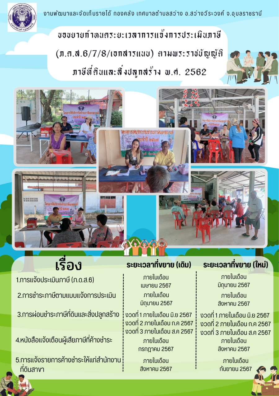 ขอขยายกำหนดระยะเวลาการแจ้งการประเมินภาษี (ภ.ด.ส.6/7/8/เอกสารแนบ) ตามพระราชบัญญัติภาษีที่ดินและสิ่งปลูกสร้าง พ.ศ. 2562